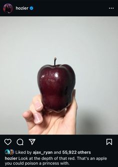 someone holding an apple in their hand with the caption'i liked by jay ryan and psd2 afters