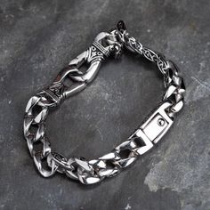 Stainless Steel Chunky Curb Link Bracelet With Celtic Designs-Viking Bracelet-Norse Spirit Adjustable Cuban Link Bracelet With Stainless Steel Clasp, Adjustable Silver Bracelet For Outdoor, Gunmetal Stainless Steel Chain Bracelet, Adjustable Stainless Steel Chain Bracelet, Silver Cuban Link Bracelet With Adjustable Stainless Steel Clasp, Gunmetal Bracelets With Stainless Steel Clasp, Gunmetal Stainless Steel Bracelet With Stainless Steel Clasp, Durable Silver Stainless Steel Chain Bracelet, Nickel-free Stainless Steel Link Bracelets