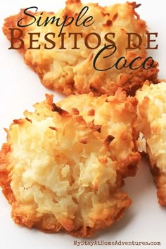 three coconut macaroni and cheese patties on a white plate with the words, simple coconut macaroni and cheese patties