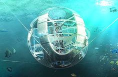 an artistic rendering of a futuristic floating house in the ocean with fish around it and people inside