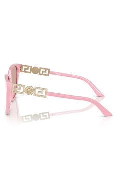 An iconic Medusa head and jewel-encrusted Greek-key hardware bring signature allure to full-coverage sunnies shaped in a stylish butterfly silhouette. 56mm lens width; 16mm bridge width; 140mm temple length 100% UV protection Acetate Made in Italy Luxury Cat Eye Sunglasses With Uv Protection, Luxury Polarized Cat Eye Sunglasses, Luxury Cat Eye Sunglasses For Party, Butterfly Silhouette, Jewel Encrusted, Medusa Head, Butterfly Sunglasses, Greek Key, Pastel Pink