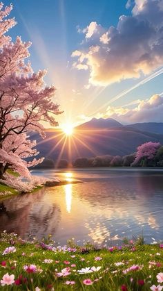 the sun shines brightly behind cherry blossom trees near a lake with water and mountains in the background