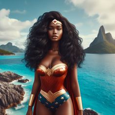 an image of a woman dressed as wonder in front of the ocean with mountains and rocks