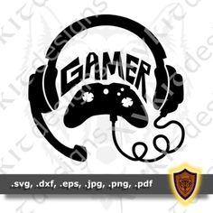 the gaming logo with headphones on it is in black and white, which reads gamer