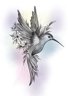 a drawing of a hummingbird with flowers in it's beak and wings spread