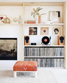 a living room filled with furniture and a fire place in front of a book shelf