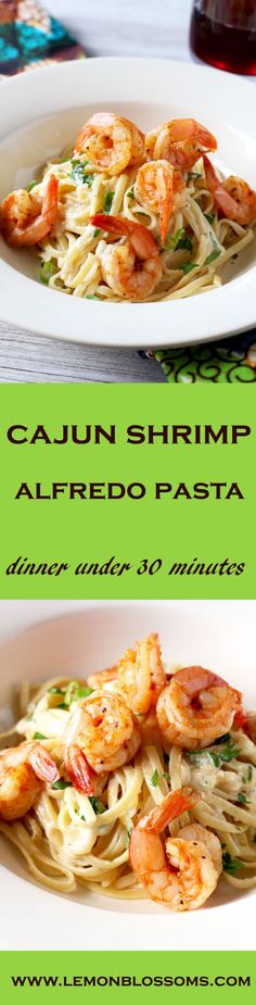 two plates of shrimp and alfredo pasta with sauce on the side for garnish