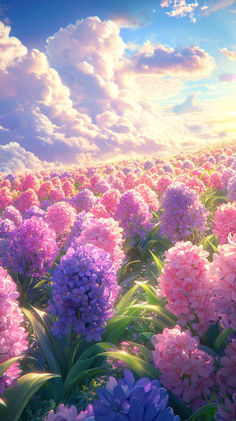 a field full of pink and purple flowers under a cloudy sky