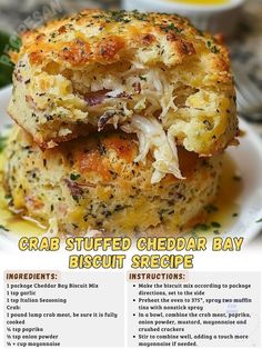 the recipe for crab stuffed cheddar bay biscuit is shown on a plate