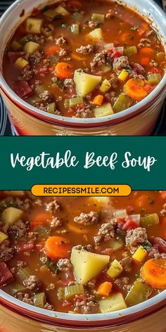 two bowls filled with vegetable beef soup on top of a table