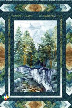 Quilt shows a dramatic waterfall in front of a green forest. The pieced border introduces repeated chevrons that give a sense of movement. Wildlife Quilts, Panel Quilt Patterns, Diverse Beauty, Fish Quilt, Fabric Panel Quilts, Twin Quilt Size, Bear Quilts, Quilt Border, How To Finish A Quilt