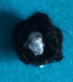 a black piece of felt sitting on top of a blue carpet next to a white object