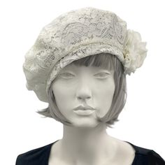 HANDMADE IN THE USA Full head coverage and a lightweight soft fabric makes this beret a dream for the warmer months of the year. Whether it's hair loss or just a bad hair day this cute hat has you covered and not to mention effortlessly stylish. This gorgeous Beret hat handmade in lightweight lace and lined in satin. Finished with a sweet chiffon rose brooch. The rose can be removed and worn in other places. Easy to wear and an elegant go-to for any occasion. Everybody looks good in a beret Seve Hats With Veils, Victorian Hat With Veil, Clothing Drawings, Lace Beret, Beret Hat Bow, Net Hats Vintage, White Beret, Fitted Vintage Bonnet With Lace Trim, Cute Beret