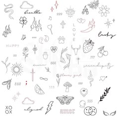 the back side of a sheet of tattoos with words and symbols on it, all drawn in