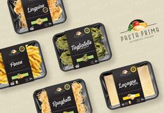 four packages of pasta with different toppings are shown in this image, and there is also the packaging for them