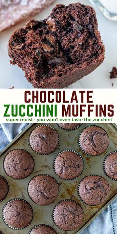 chocolate zucchini muffins in a muffin tin with text overlay