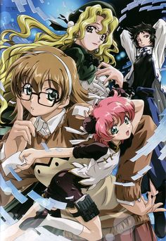 an anime poster with three women and one man in the background, all wearing glasses