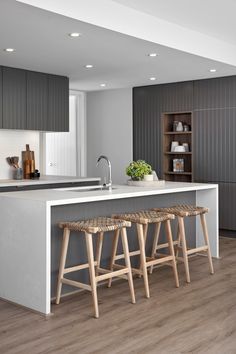 two stools are in front of the kitchen island