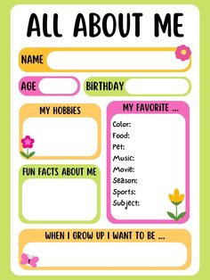 an all about me poster with flowers and words on the front, in pink and yellow