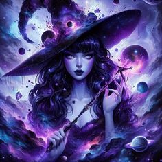 a woman wearing a witches hat and holding a wand in her hand, surrounded by planets