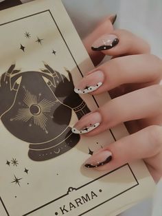 Unleash your inner witch with these spellbook-inspired nails! 🖤📚 Featuring mystical symbols, arcane scripts, and enchanted designs, these nails are perfect for casting some serious style spells. 💅✨ #AncientSpellbook #MysticalMani #MagicNails Black And White Witchy Nails, Witchy Nails Aesthetic, Witch Vibe Nails, Tarot Nail Art, Mystical Nail Designs, Tarot Card Nails, Nail Concept, Tarot Nails, Spiritual Nails