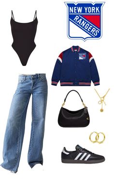 New York Rangers Hockey Game Outfit Inspo Hockey Girlfriend Outfits Style, Hockey Games Outfits, Rangers Game Outfit Hockey, Nhl Jersey Outfit Women Style, New York Rangers Outfit, Hockey Date Outfit, Hockey Outfits For Women, Outfits For Hockey Games, Hockey Wags Outfits