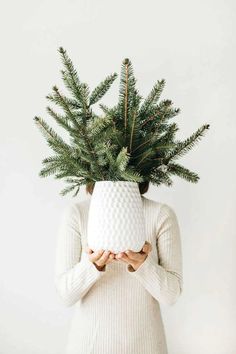 a woman holding a potted plant in front of her face