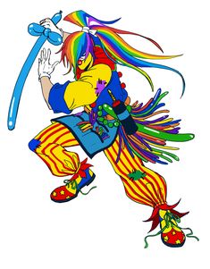 a drawing of a person with long hair holding a blue object in one hand and wearing colorful clothing on the other