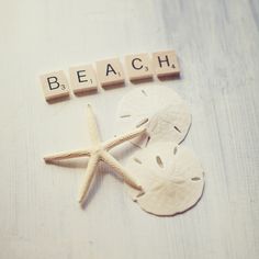 the word beach spelled with scrabbles and sand dollars