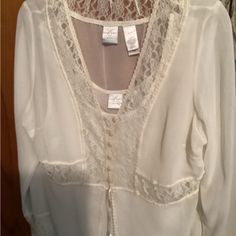 Emma James Ladies Ivory Sheer Blouse And Matching Camisole, Size 12 P, 100% Polyester, Beautiful Blouse With Lace, Pearl Buttons With Loop Closure And A Tie, Nwt, Long Sleeves, Very Nice, Meaurements, A-A19”, Shoulders 15”, Sleeve Length From Shoulder Seam To Hand 23”, Back Length25” Spring Formal Camisole Top, Formal Spring Camisole Top, White Camisole Blouse For Daywear, White Fitted Camisole Blouse, Fitted Camisole Blouse For Daywear, Feminine Cream Lace Blouse, Cream Lace Camisole Top, Cream Lace Trim Blouse, Vintage Cream Lace Top