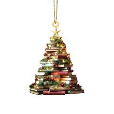 a christmas tree made out of books with lights and decorations hanging from it's sides