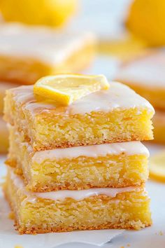 three lemon bars stacked on top of each other