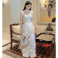 Modern Ao Dai Perfect For Any Special Occasions, Wedding And New Year. Brand New With Pant. White Ceremony Dress For Spring, White Spring Ceremony Dress, Ao Dai White, Modern Ao Dai, Green Pattern, Linen Dress, Silk Fabric, How To Take Photos, Fabric Color