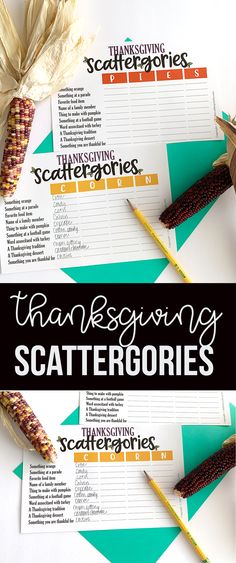 thanksgiving scatters with the words thanksgiving scatters written on them and two corn cobs