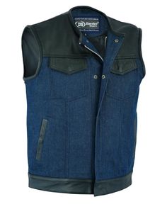 *FREE SHIPPING* to the U.S. Men's Leather & Broken Blue Denim Motorcycle Vest Daniel Smart Mfg. Model DM933 *See sizing chart below & in photos to make sure you get the best fit.* Leather/Denim Combo. Single panel back, ideal for easy accessorizing with patches & club logos, embroidery or airbrushed artwork. 10’’ front zipper hidden under snap-placket blocks wind & rain. Without Collar. Two upgraded style, concealed gun pockets between the snap & zipper made of special heavy- Motorcycle Vest, Smart Men, Black Ash, Ash Gray, Mens Vests, Motorcycle Style, Leather Denim, Outerwear Vest, Raw Denim