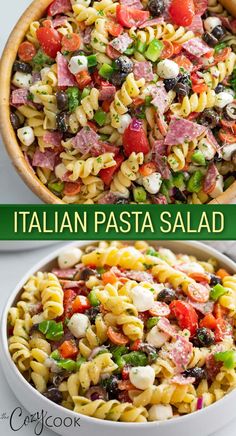 pasta salad in a bowl with the words italian pasta salad on top and below it