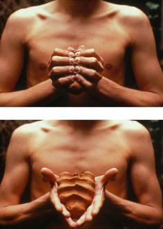 two pictures of a man with his hands in the shape of an animal's heart