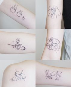 four different tattoos on the arms of people's hands, each with their own character