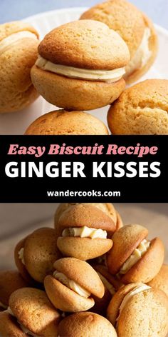 some cookies are stacked on top of each other with the words easy biscuit recipe ginger kisses