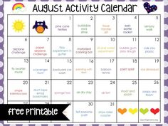 an august activity calendar with hearts and owls