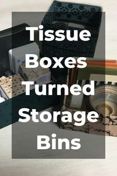 the inside of a storage box filled with books and other items that are labeled tissue boxes turned storage bins