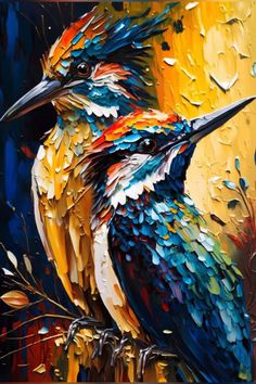 a painting of a colorful bird sitting on a branch