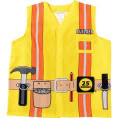 a yellow vest with tools on it and the words builder written in white across the chest