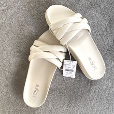 Nwt J. Crew Crisscross Slide Sandals, Size 8, Color Ivory. Very Comfortable And In Perfect Condition! Please Ask Any Questions You May Have Before Purchasing. Reasonable Offers Welcome! White Synthetic Cross Strap Sandals, Fancy Sandals Heels, Stylish Shoes Heels, Classy Sandals, Elegant Shoes Heels, Fancy Sandals, Slides Outfit, Women Slippers Fashion, Leopard Print Sandals