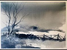 a watercolor painting of a snowy landscape with trees and fence in the foreground