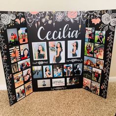 a black and white photo collage with the word cecilia on it, surrounded by photos