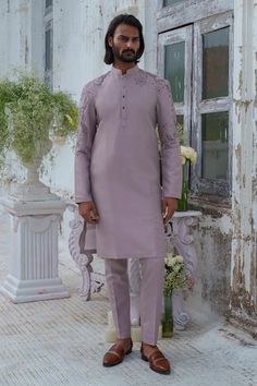 Purple full sleeves kurta with celeste magic embroidery. Paired with a trouser. - Aza Fashions Lavender Colour Kurta For Men, Lavender Color Kurta Men, Purple Transitional Straight Kurta, Embroidered Semi-stitched Long Sleeve Kurta, Light Purple Kurta Men, Trouser Pattern, Band Collar, Mens Trousers, Cotton Silk