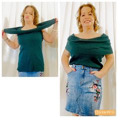 the woman is wearing a green top and has her hands on her hips as if she were holding something