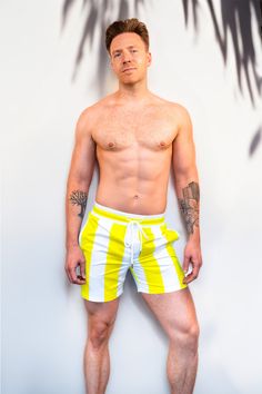 Coastal Cabana Beach Shorts - Yellow | Beach Shorts - Print Pattern | PARADIS SVP Cabana Beach, Classic Coastal, Sport Bikinis, Beach Attire, Swim Brief, Morning Sun, Beach Shorts, Yellow Stripes, Hoodie Top