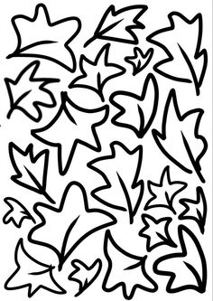 a black and white drawing of leaves with different shapes in the middle, on a white background